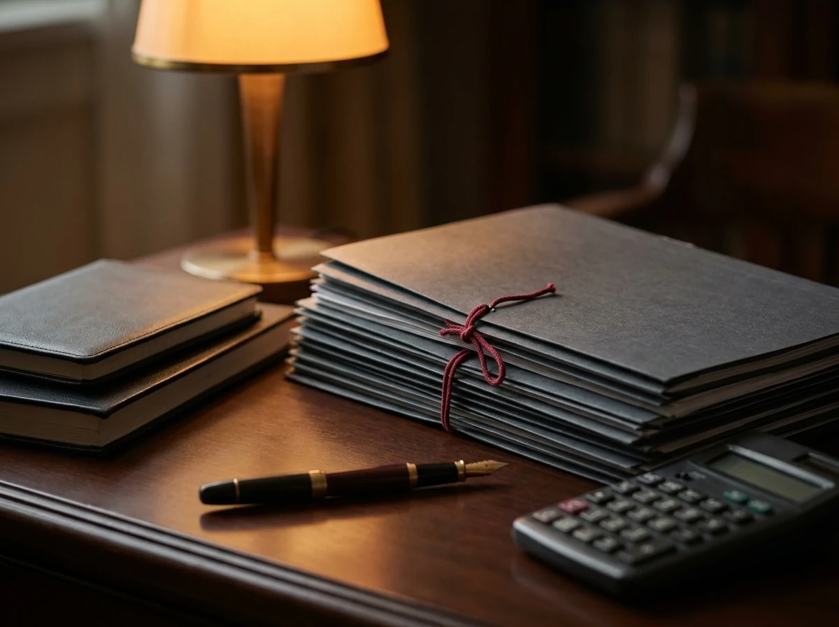 Organized financial documents and a fountain pen on a desk