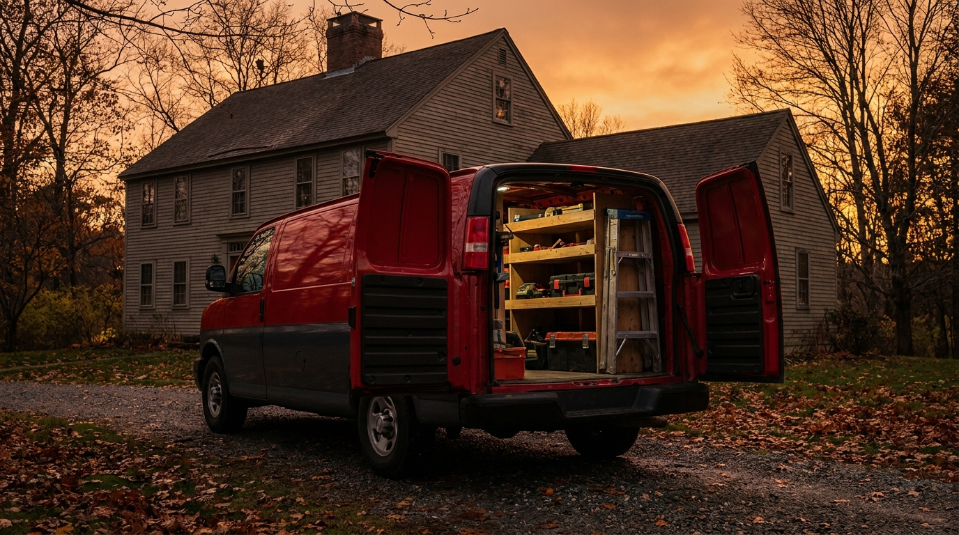 Red service work van with tools and a ladder, parked at a New England home at golden hour