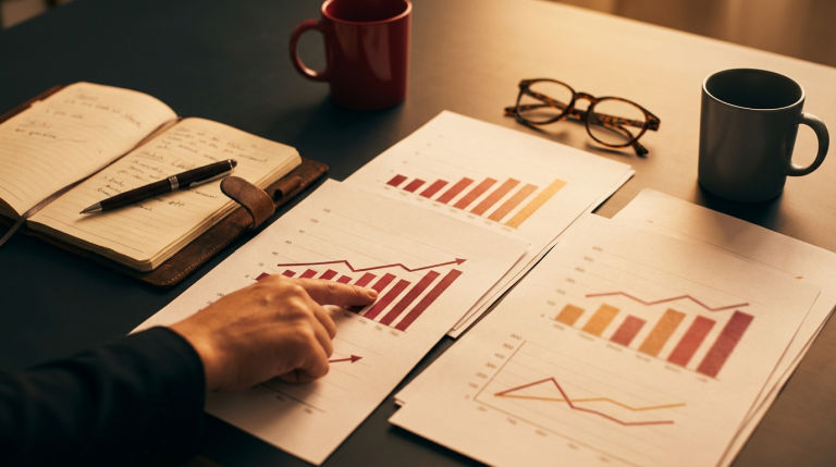 Printed marketing performance charts and reports on a desk with a hand pointing at a rising trend
