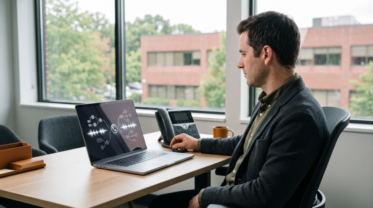Small-business owner comparing AI receptionist and answering-service call paths in Woburn, Massachusetts