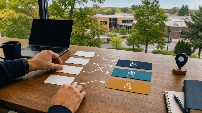 Service-business team mapping chatbot lead qualification paths in Woburn, Massachusetts