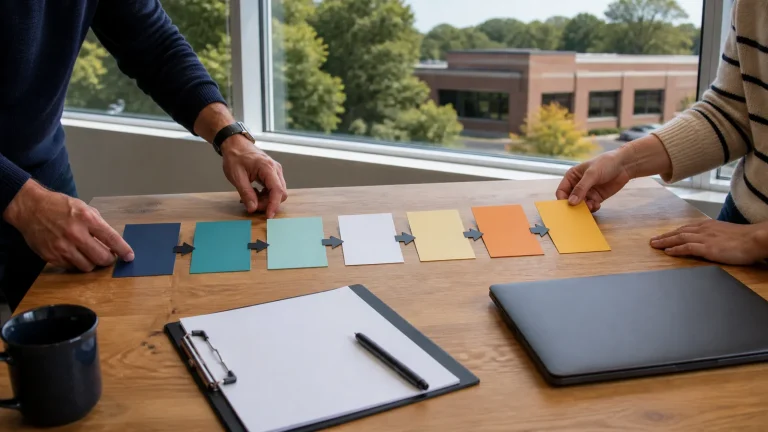 Small-business team mapping CRM pipeline stages in Woburn, Massachusetts