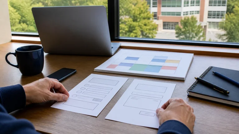 Service-business team planning online booking and contact form paths in Woburn, Massachusetts