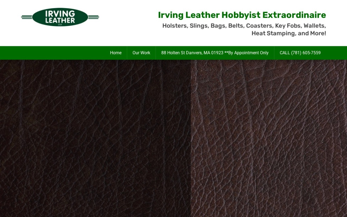 Irving Leather website homepage