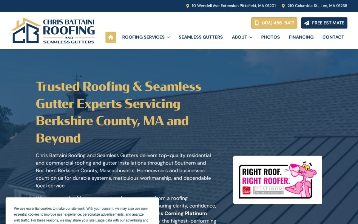 Chris Battaini Roofing and Seamless Gutters website homepage